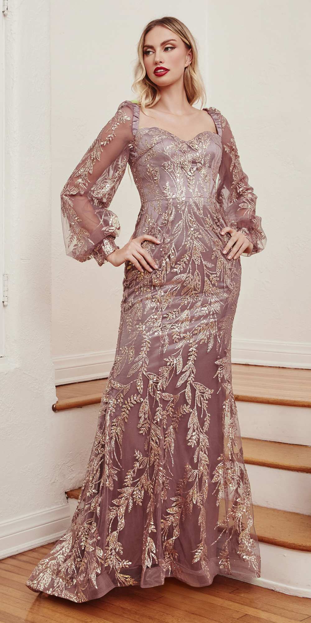Embellished off-the-shoulder long sleeve gown in mauve rose with fitted mermaid silhouette