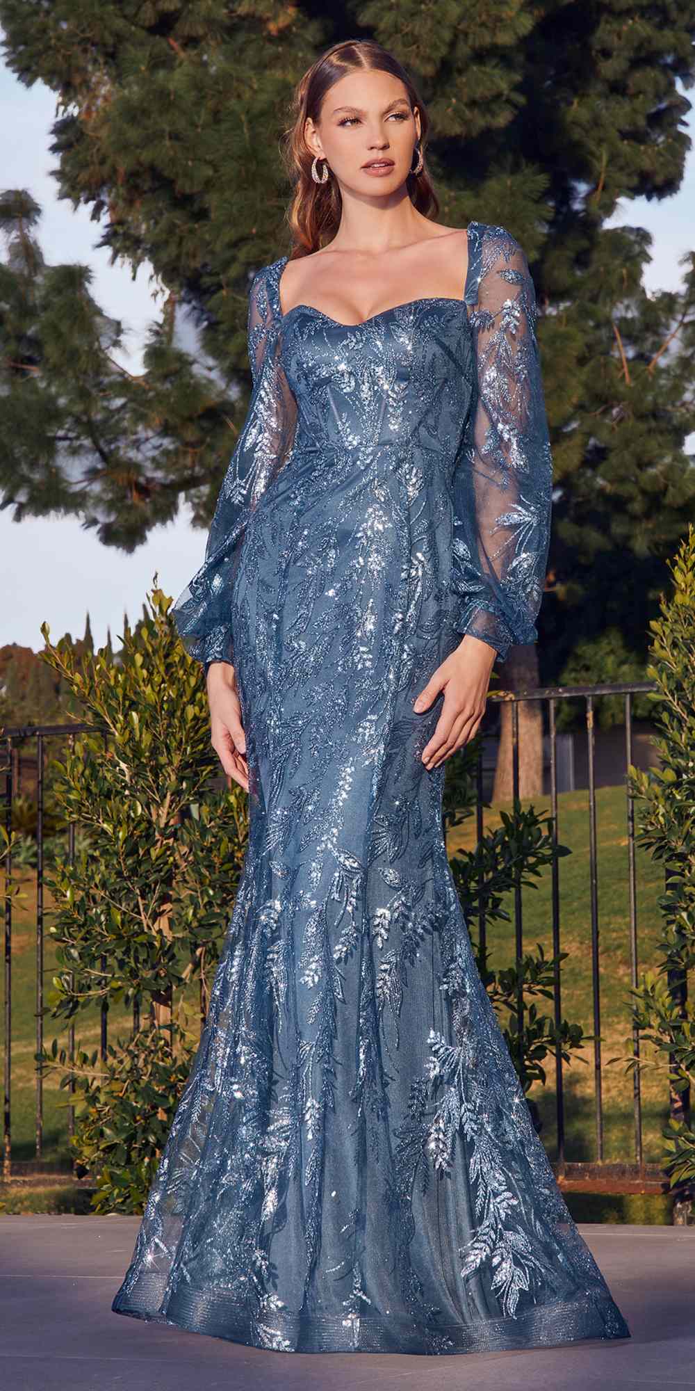 Off-the-shoulder long sleeve sequined gown in blue with fitted mermaid skirt