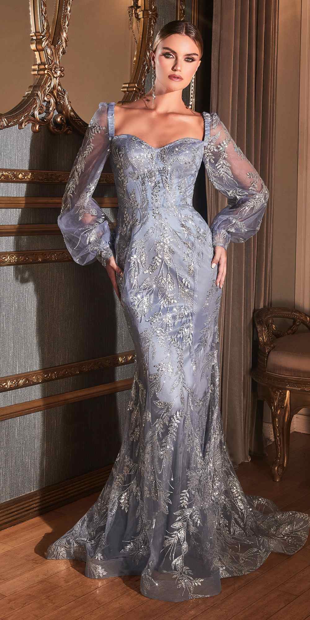 Embellished off-the-shoulder long sleeve gown in light blue with mermaid silhouette