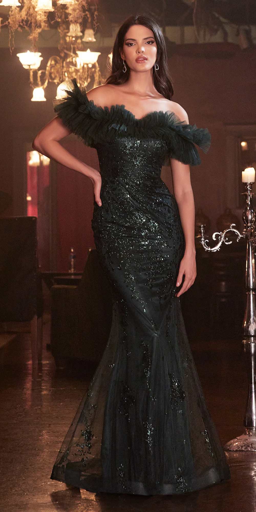 Dark green off-shoulder fitted sequin gown with gathered tulle ruffle sleeves