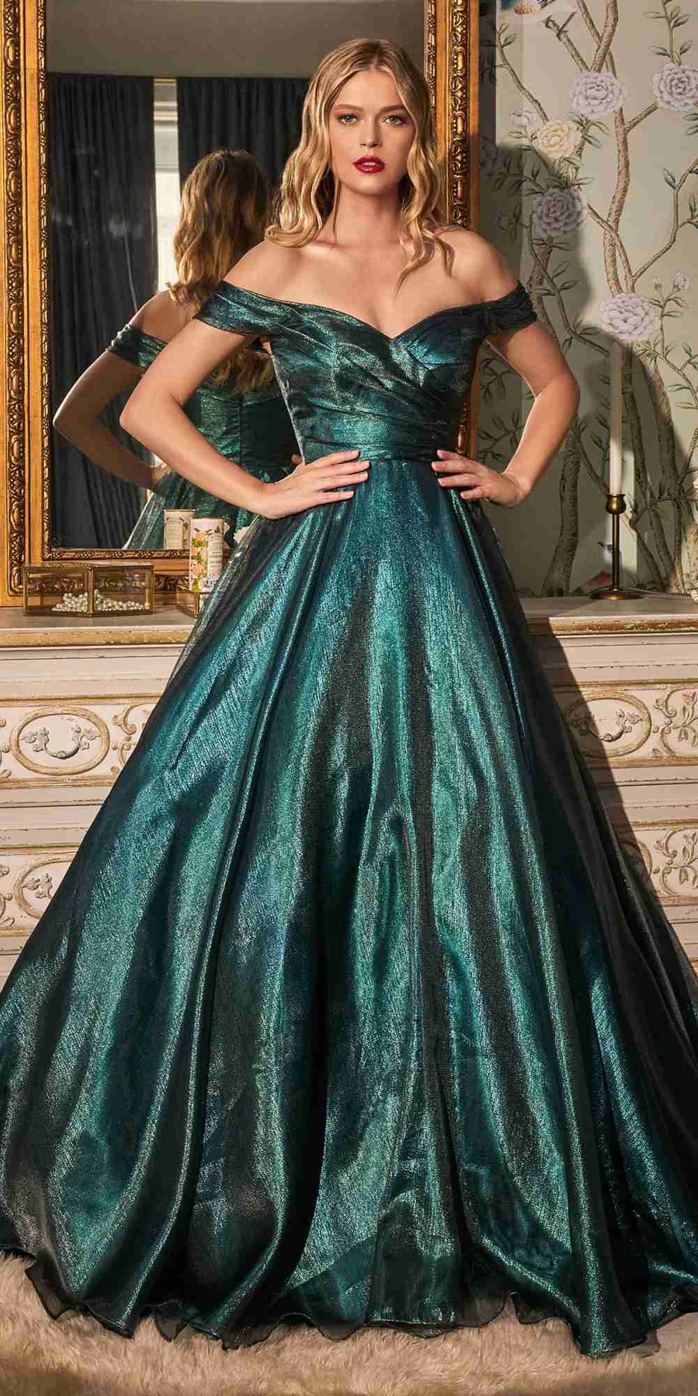 Emerald off-the-shoulder ball gown with corset bodice, ruched detail, and full skirt