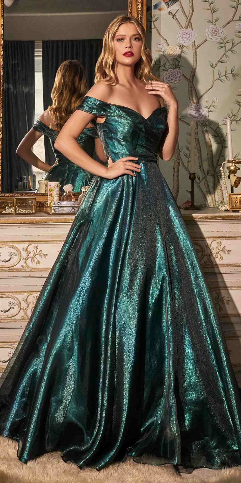 Emerald off-the-shoulder ball gown with corset-style bodice and full A-line skirt