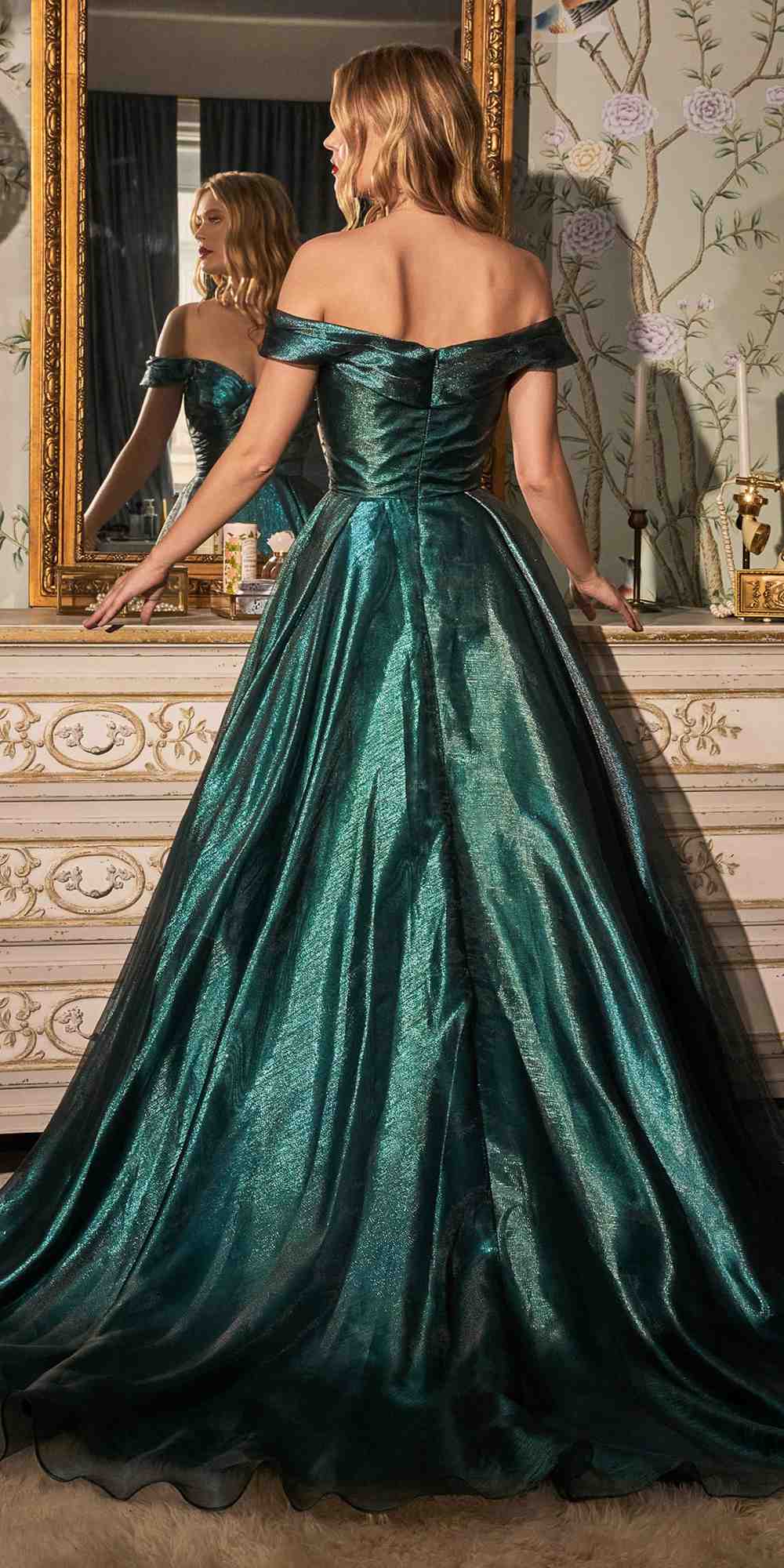 Emerald off-the-shoulder ball gown with open back and full A-line skirt