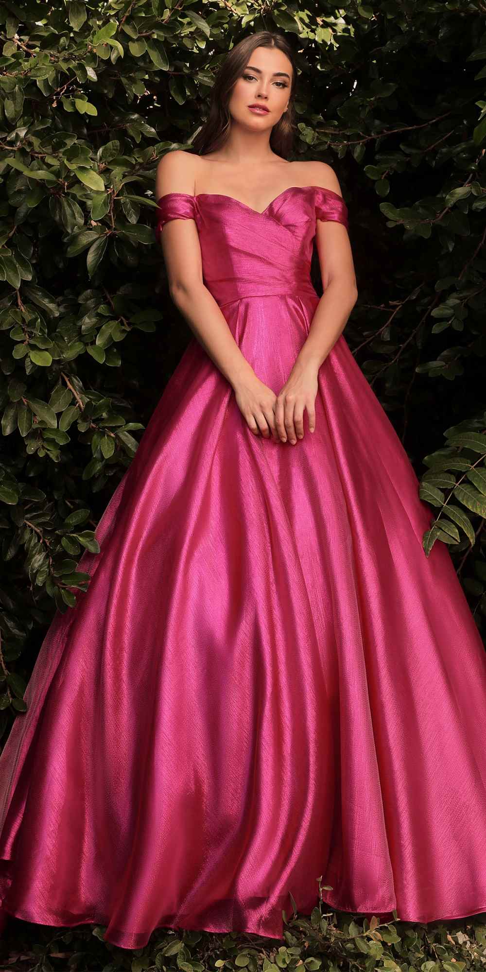 Fuchsia off-the-shoulder A-line organza ball gown with fitted bodice and full skirt