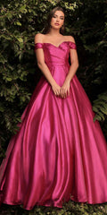Fuchsia off-the-shoulder A-line organza ball gown with fitted bodice and full skirt