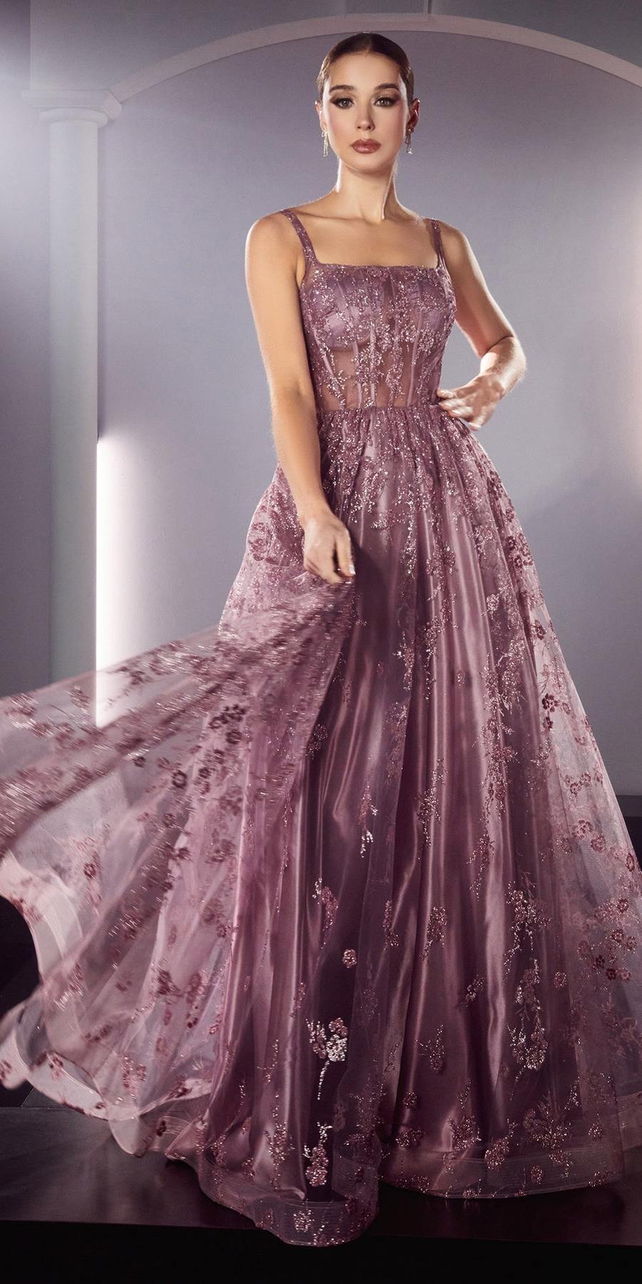 Rose gold glitter A-line gown with corset bodice, spaghetti straps, square neckline