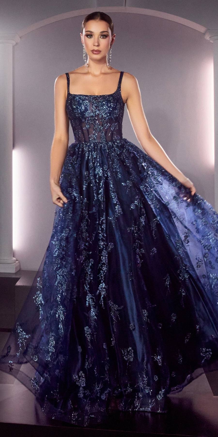 Dark blue glitter A-line gown with corset bodice, spaghetti straps, full length