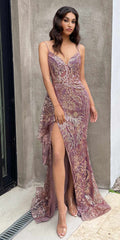 Gold and violet glitter print fit-and-flare gown with V-neck and front slit
