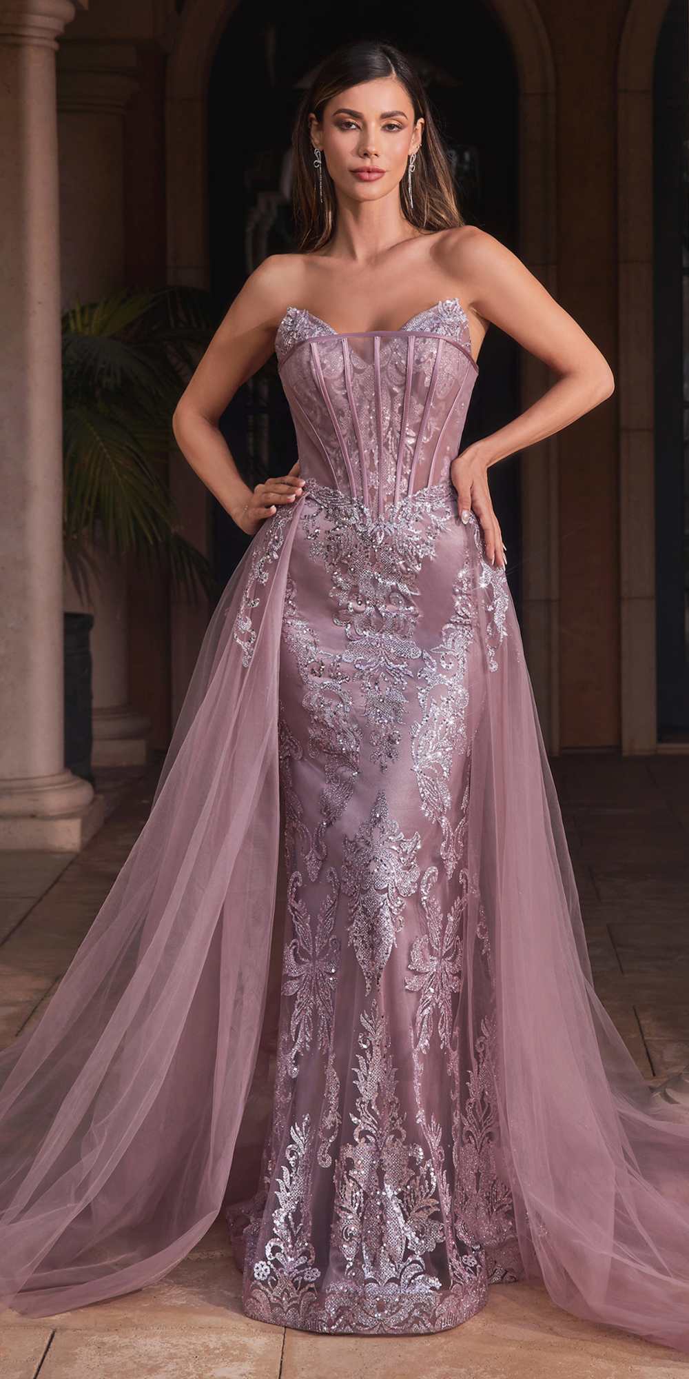 Lavender strapless mermaid gown with glittering lace overlay and flowing tulle train