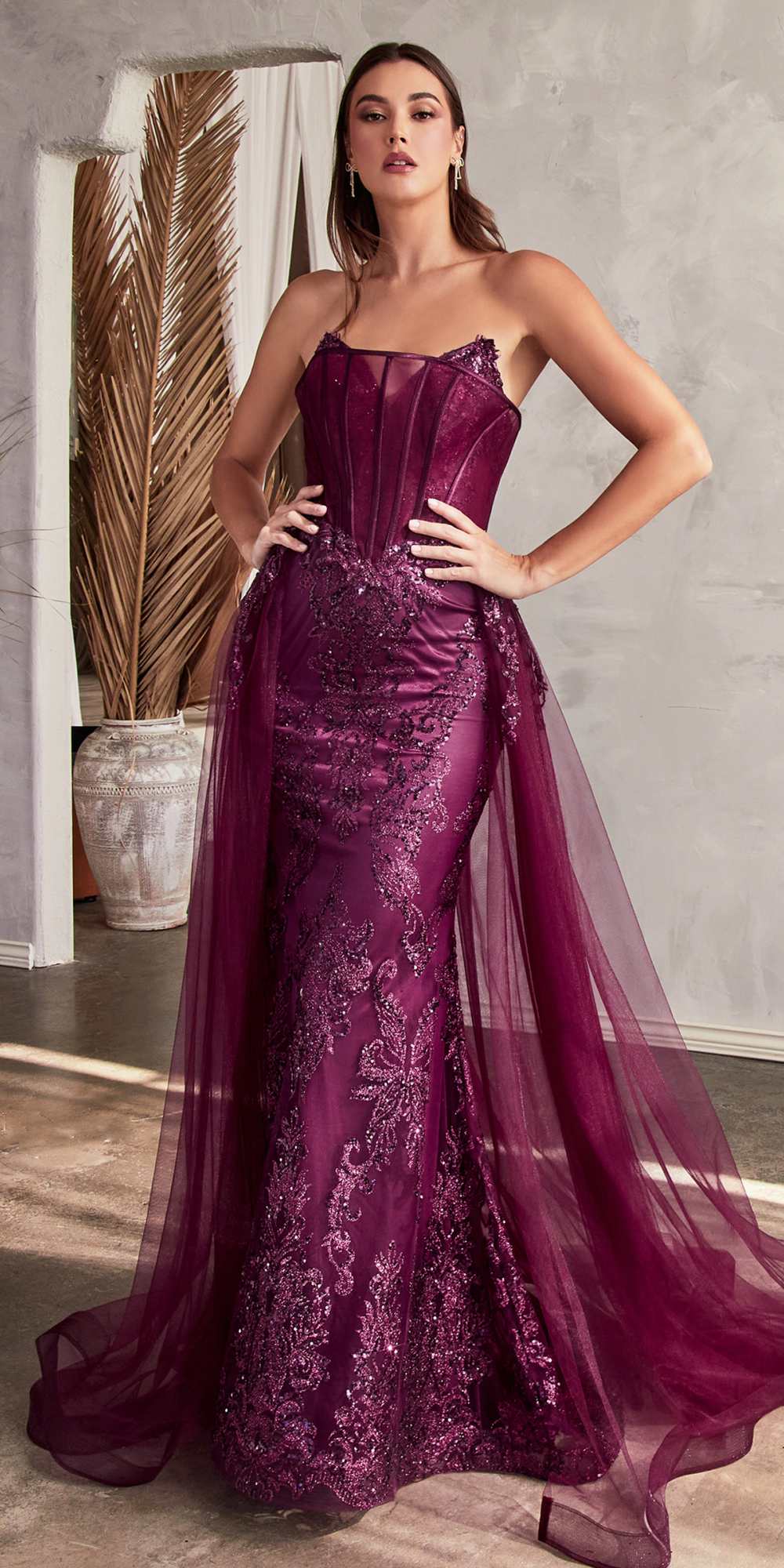 Purple strapless glitter mermaid gown with sheer tulle overlay skirt