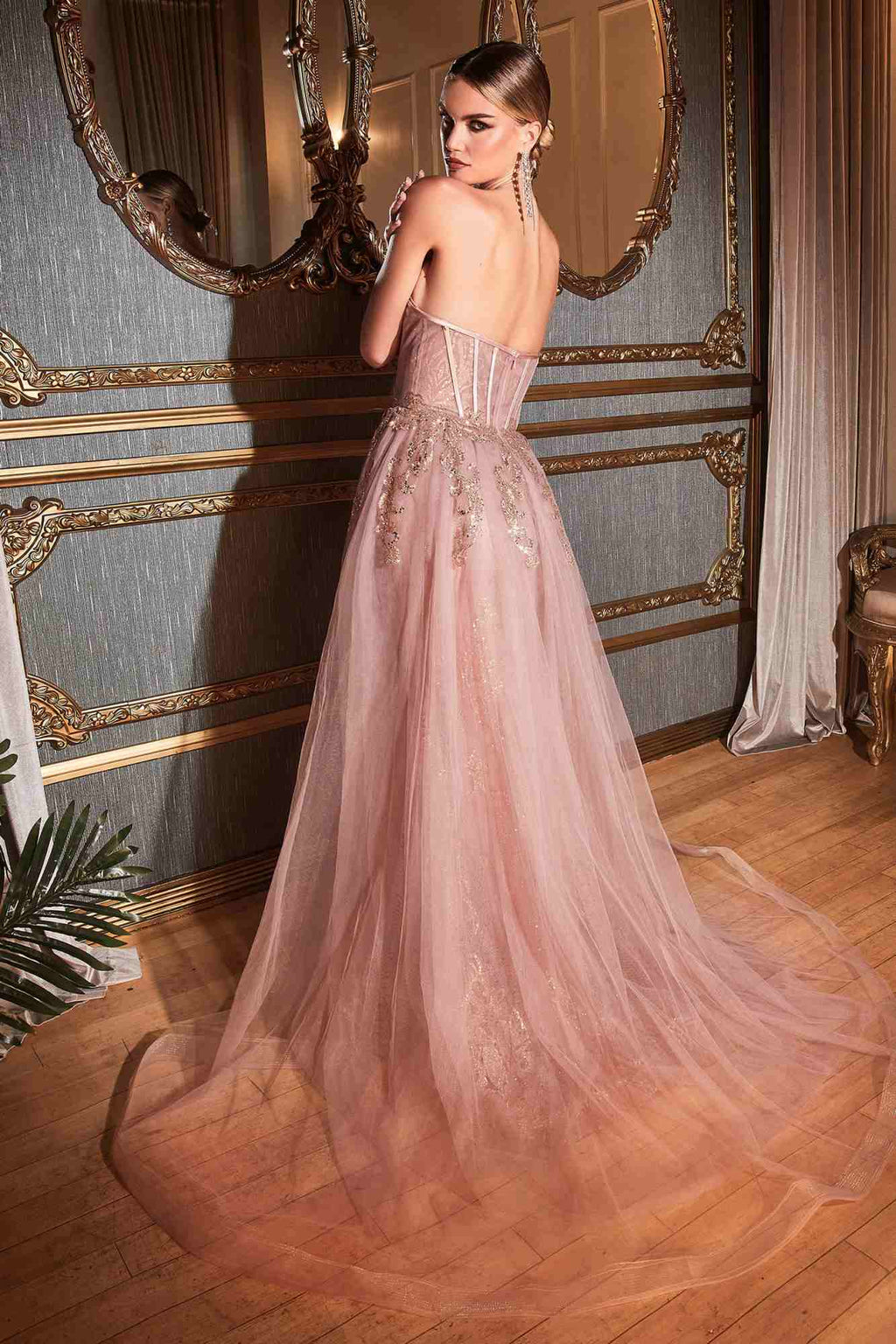 Rose pink strapless mermaid gown with shimmering lace texture and billowy tulle skirt