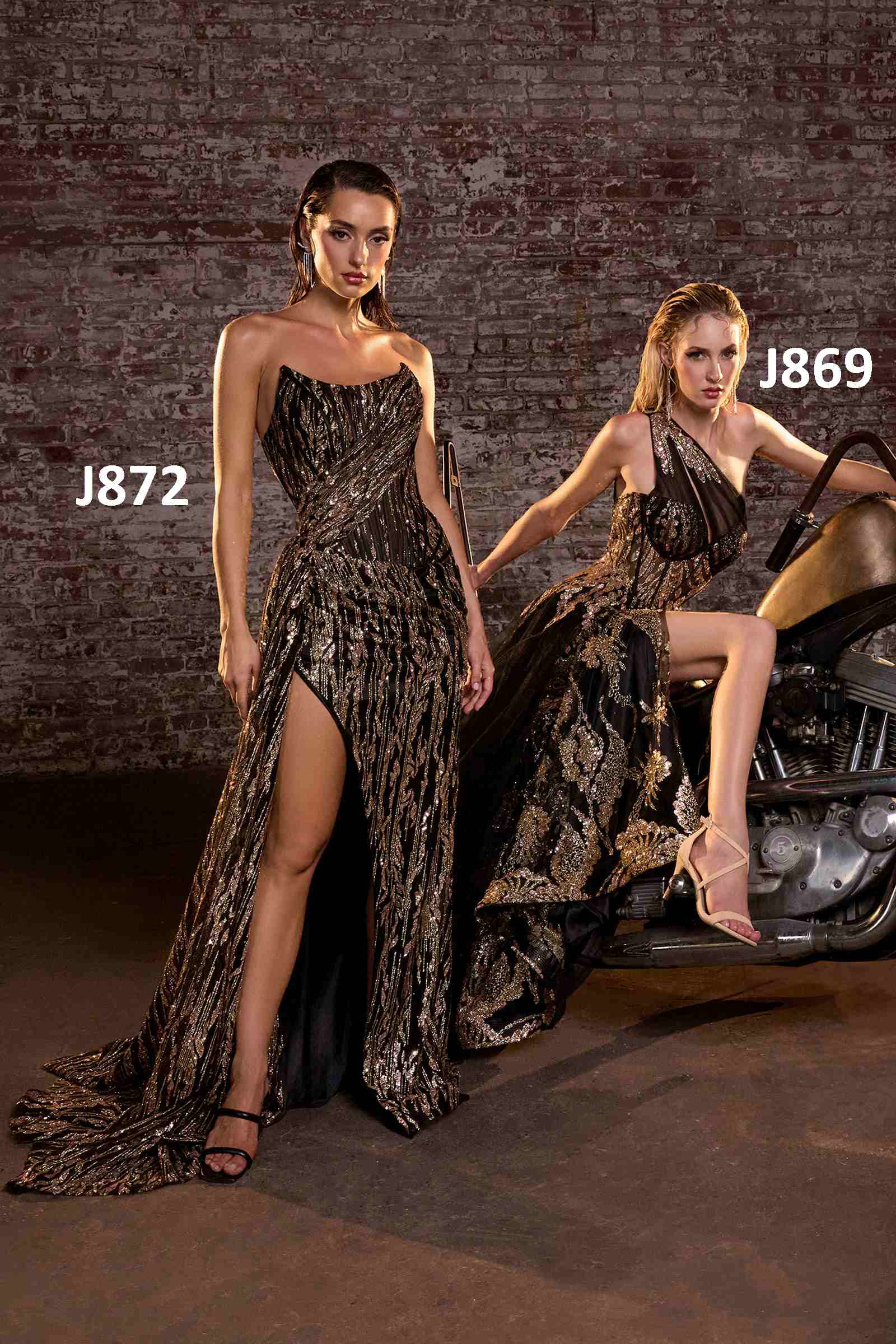 Long fitted one-shoulder illusion neck gown, dark bronze-gold sequins, with long slit