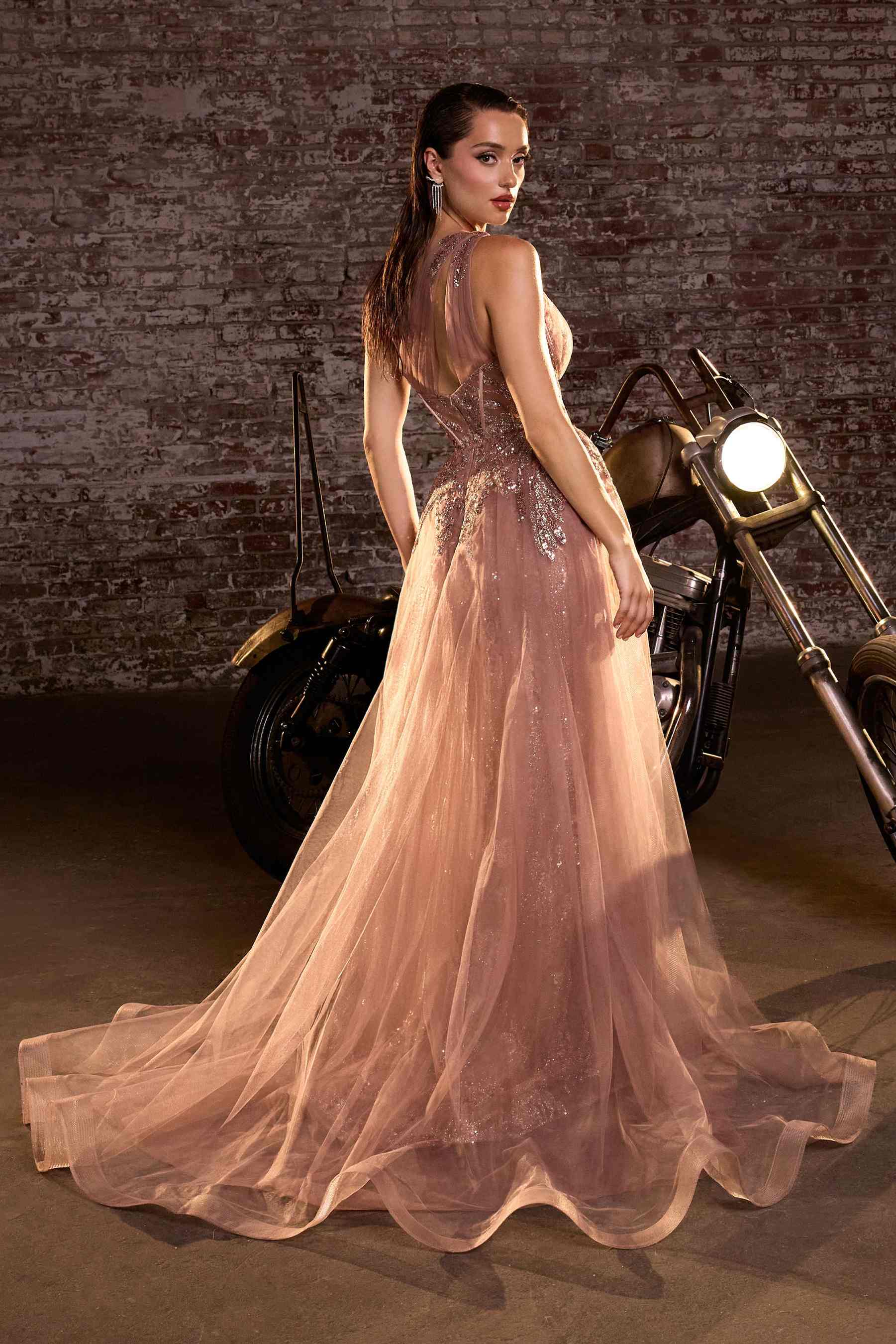 Mocha gold long one-shoulder illusion neck fitted tulle gown with flared tulle skirt