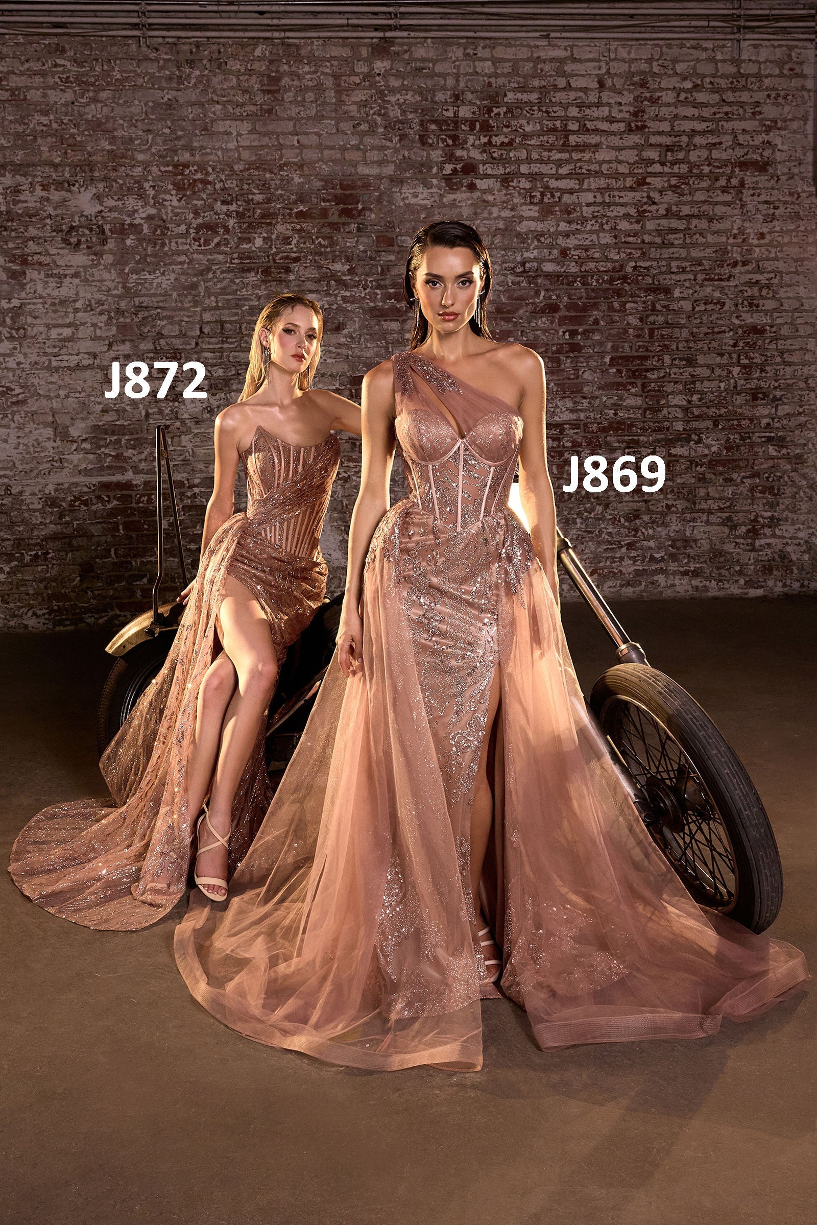 Strapless glitter evening gown with thigh-high leg slit, rose-gold sequin