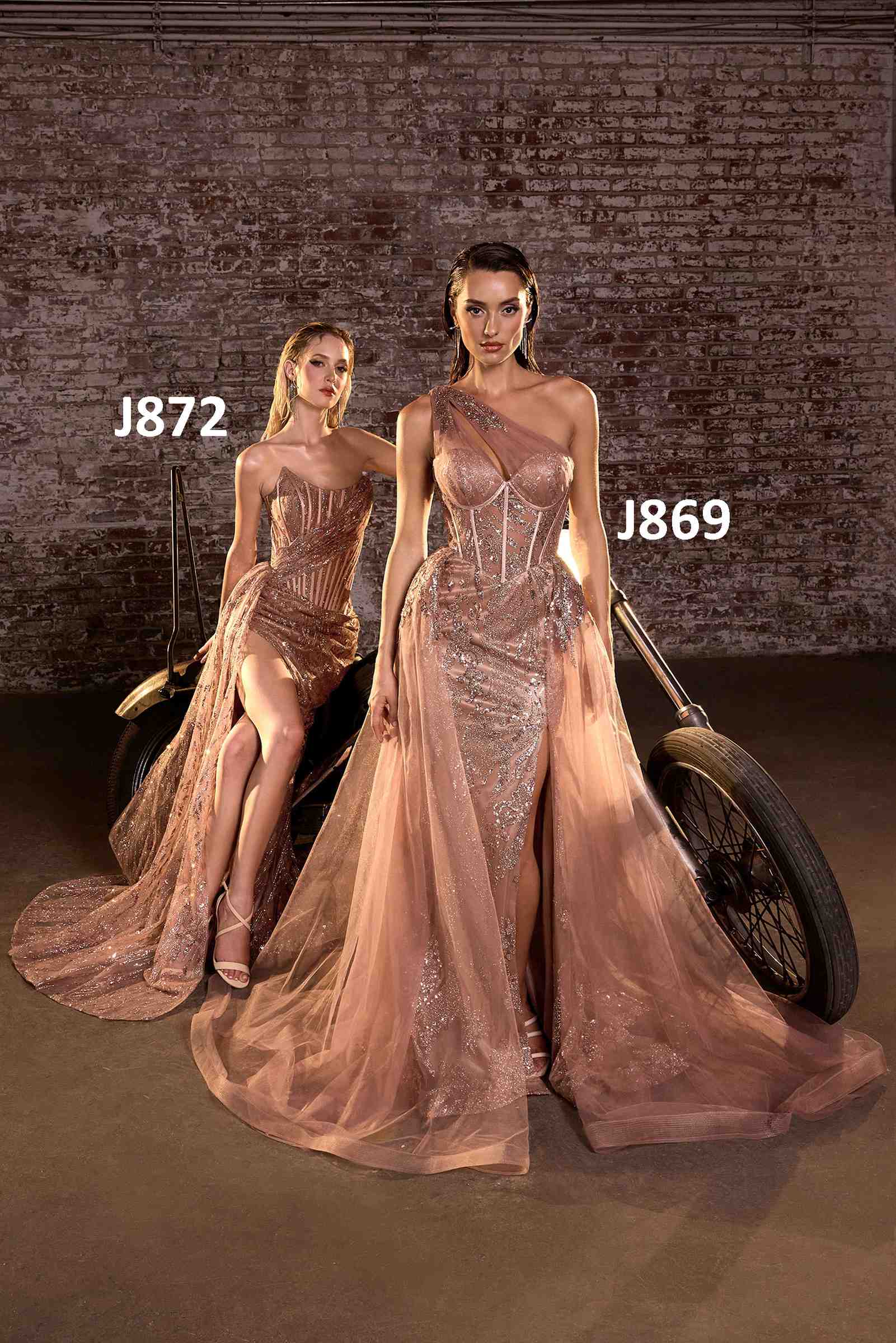 Two mocha gold long fitted one-shoulder tulle illusion neck gowns side-by-side