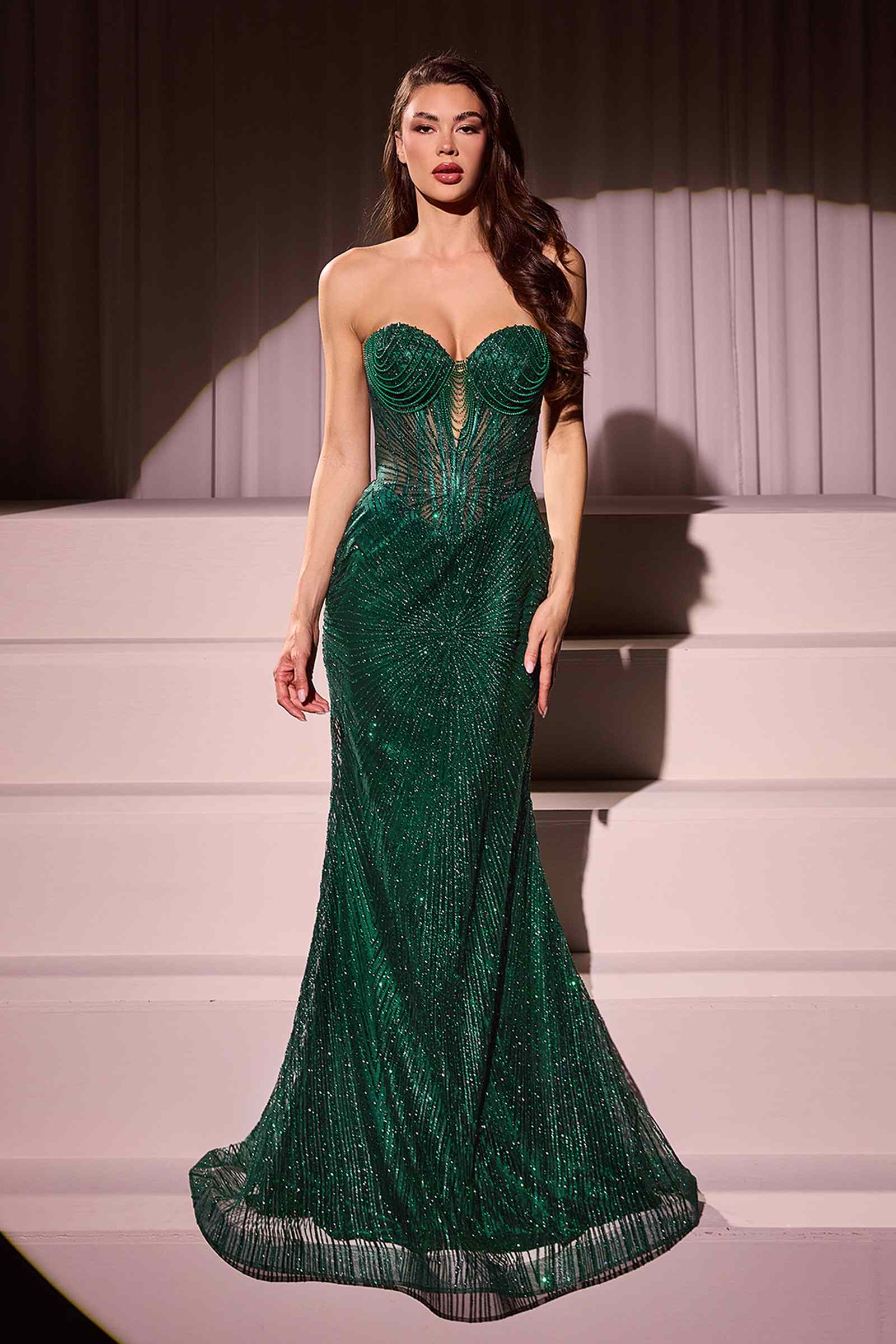 Green strapless sequin gown with sweetheart neckline, fitted long mermaid silhouette