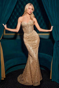 Gold strapless fitted sequin gown with sweetheart neckline, long mermaid silhouette