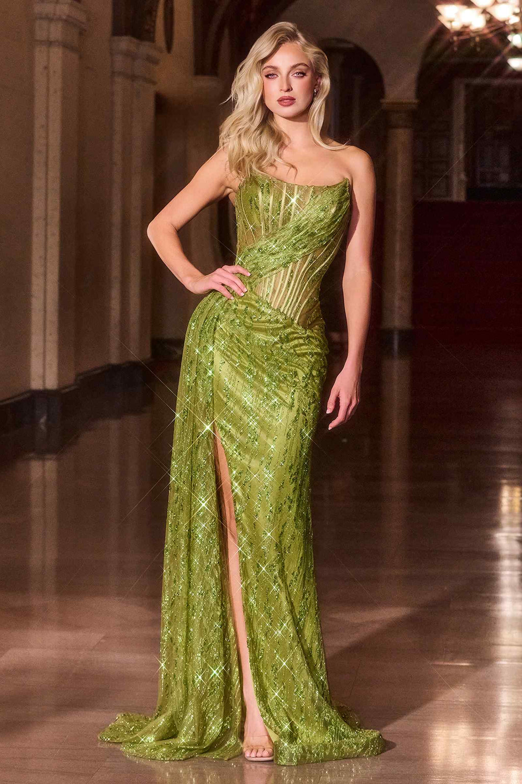 Strapless glitter evening gown with thigh-high leg slit, bright green sequin