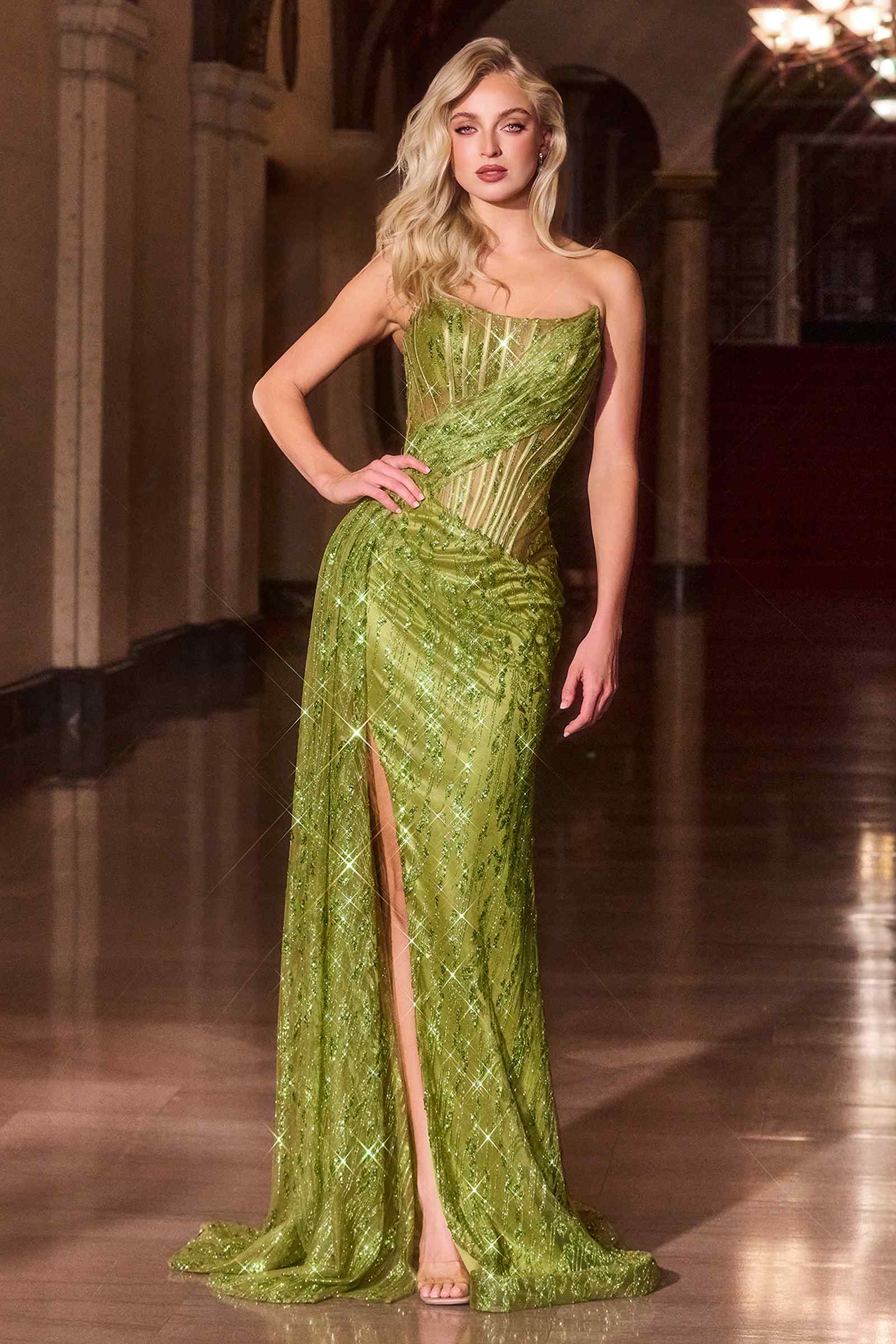 Strapless glitter evening gown with thigh-high leg slit, bright green sequin