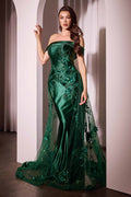 Emerald green satin fitted gown with embellished bodice and tulle overskirt, off-shoulder