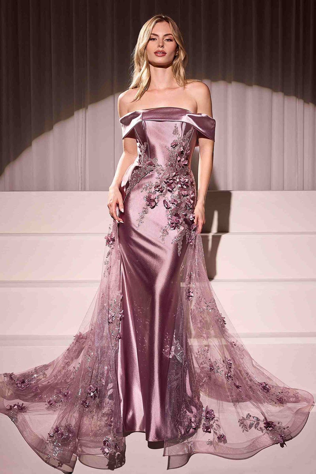 Pink satin fitted off-shoulder gown with embellished bodice and tulle overskirt