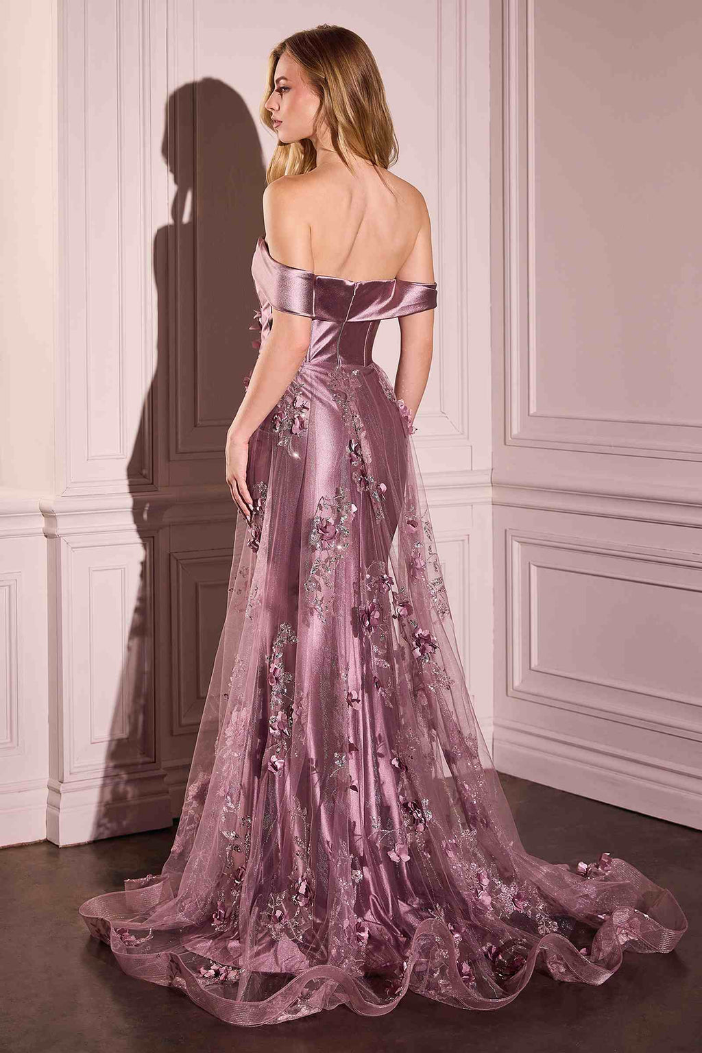 Mauve satin fitted gown with off-shoulder neckline and embellished tulle overskirt, back view