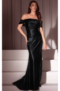Black off-shoulder satin gown with fitted bodice and long mermaid hem