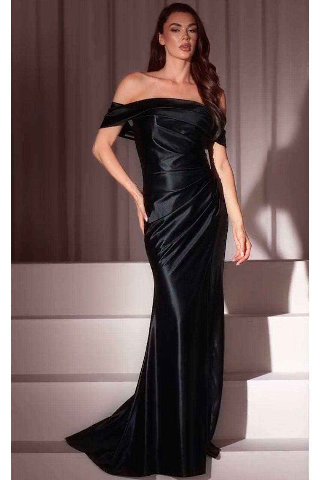 Black off-shoulder satin gown with fitted bodice and long mermaid hem