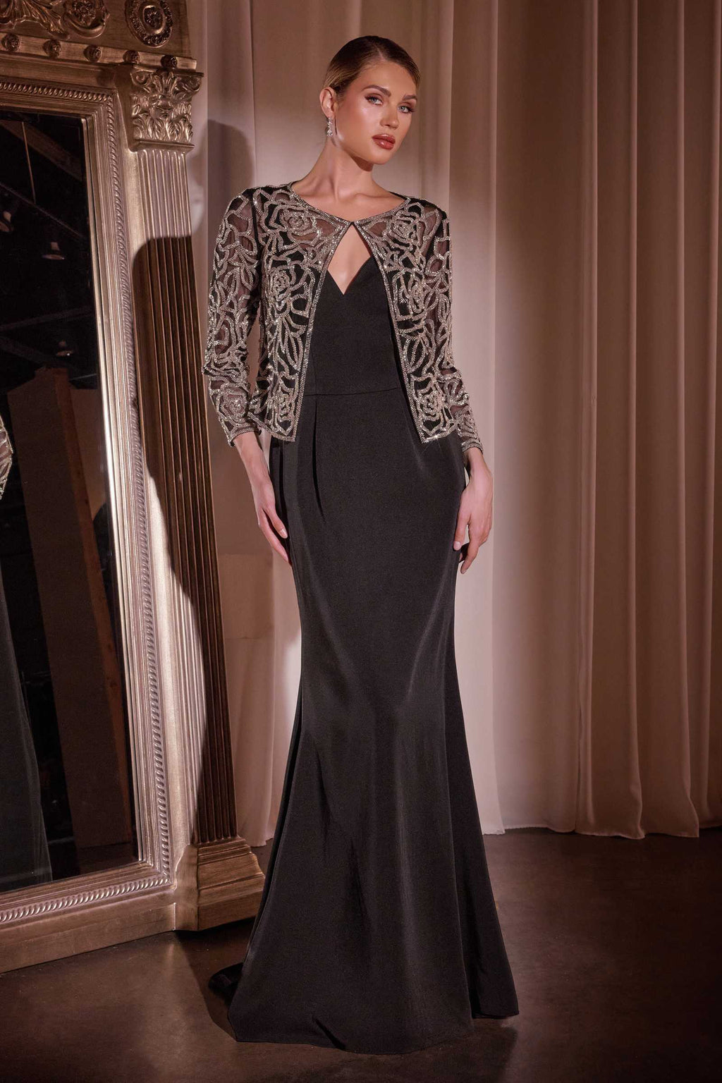 Black crepe gown with V-neck, fitted mermaid silhouette and removable beaded jacket