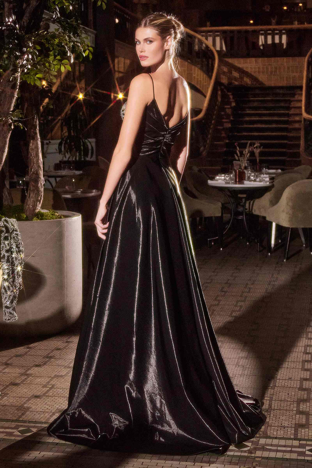 Black formal satin gown with spaghetti straps and side-slit skirt