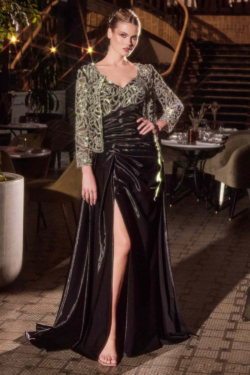 Black formal gown with front slit, ruched bodice, removable lace jacket