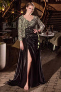 Black formal gown with front slit, ruched bodice, removable lace jacket