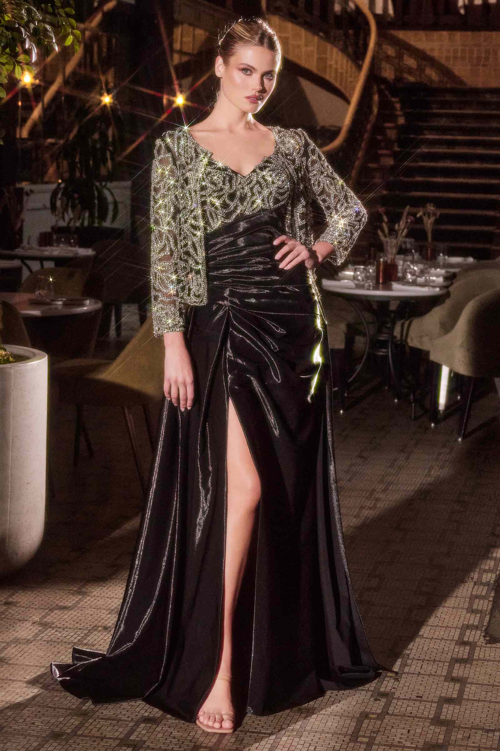 Black formal gown with front slit, ruched bodice, removable lace jacket