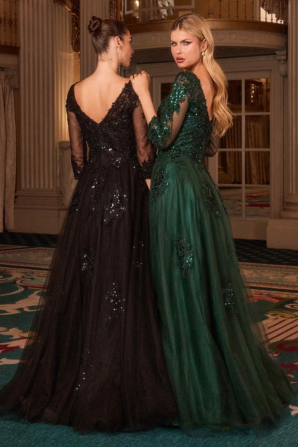 Black sequined A-line ball gown with sheer sleeves and full tulle skirt