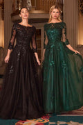 Two long-sleeve A-line ball gowns, black and emerald green with sequin lace