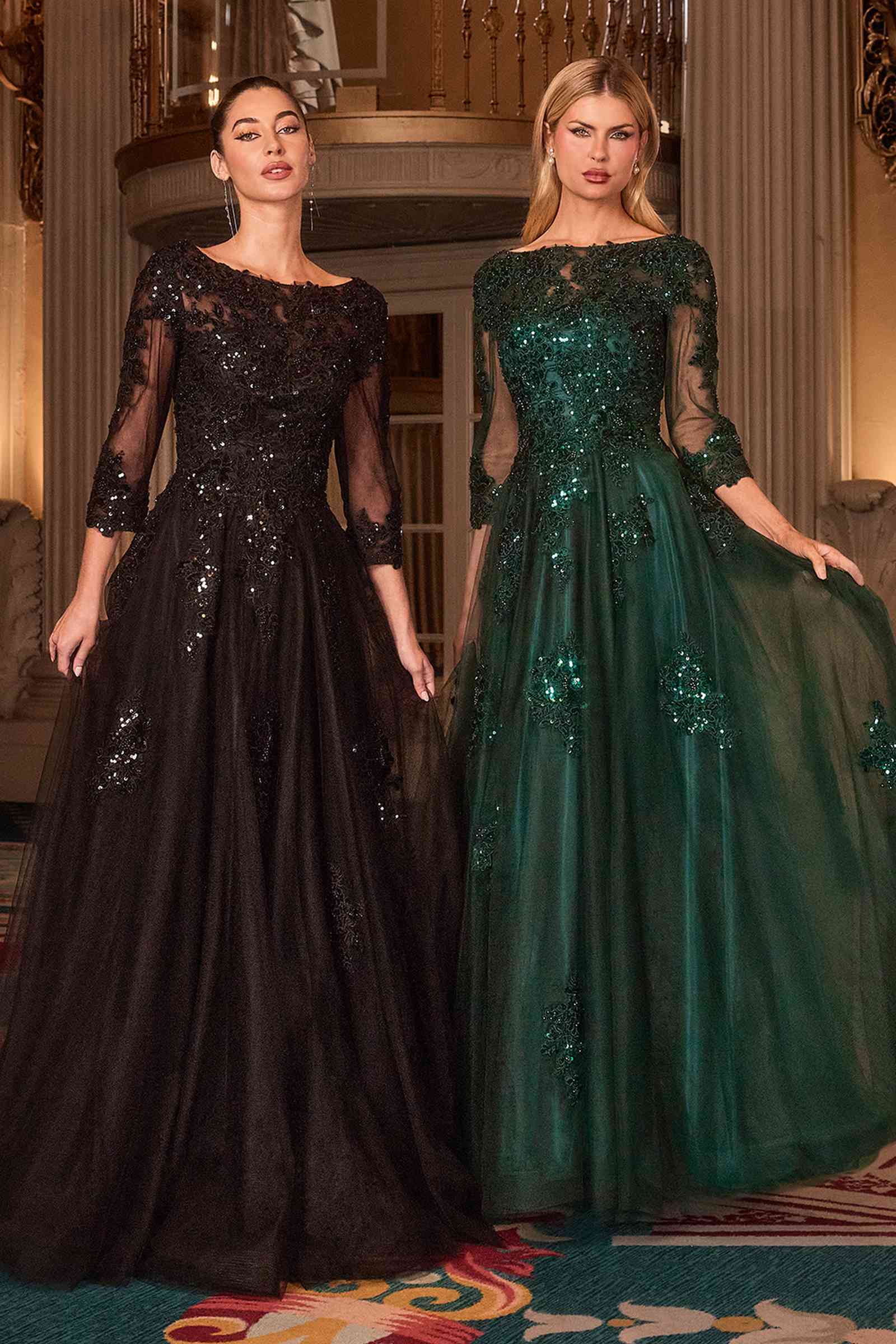 Two long-sleeve A-line ball gowns, black and emerald green with sequin lace