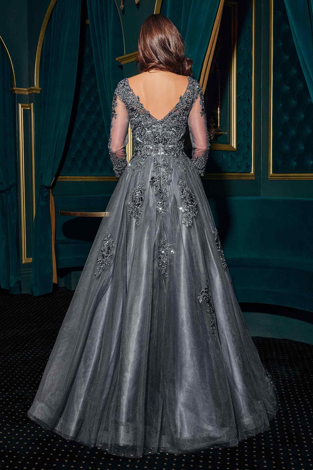 A-line ball gown with long sleeves, back view, silver sequin lace