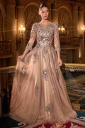 Mocha gold A-line ball gown with sheer sleeves, sequined bodice and tulle skirt