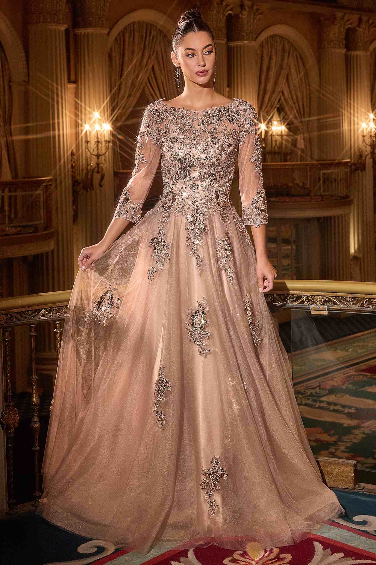 Mocha gold A-line ball gown with sheer sleeves, sequined bodice and tulle skirt