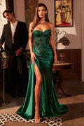 Emerald green strapless satin corset gown with sweetheart neckline and side slit