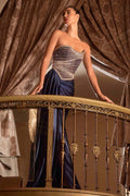 Ladivine strapless shimmer beaded gown with dark navy skirt and draped neckline