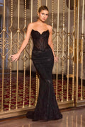 Black sequin strapless fitted sweetheart gown with long mermaid silhouette