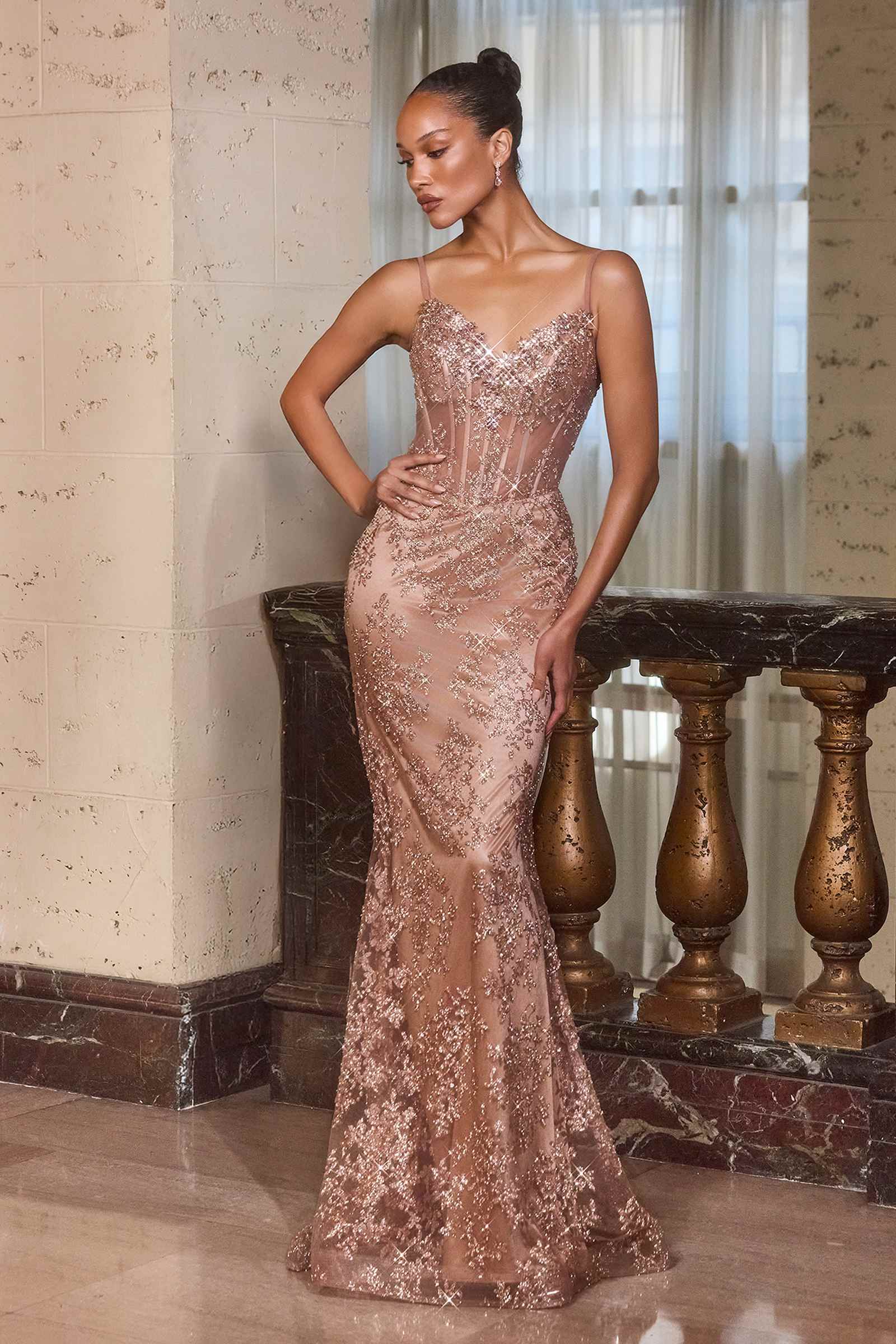 Rose-gold fitted sequin gown with V-neck, sleeveless lace appliques, mermaid silhouette