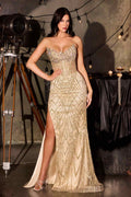 Glittering geometric gown with sheer tulle overlay, light gold tone sweetheart neckline