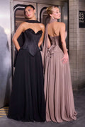 Black fitted corset bodice formal gown with sweetheart neckline and flowing chiffon skirt