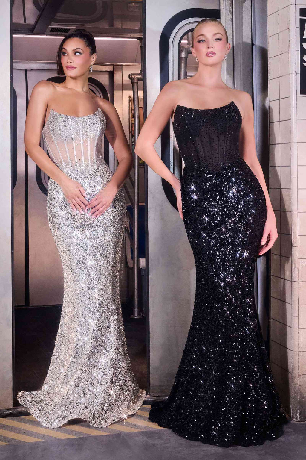 Sleek sequin corset formal gown with straight neckline, silver and black