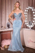 Light blue crystal-encrusted sheer corset gown with sweetheart neckline and fitted mermaid hem