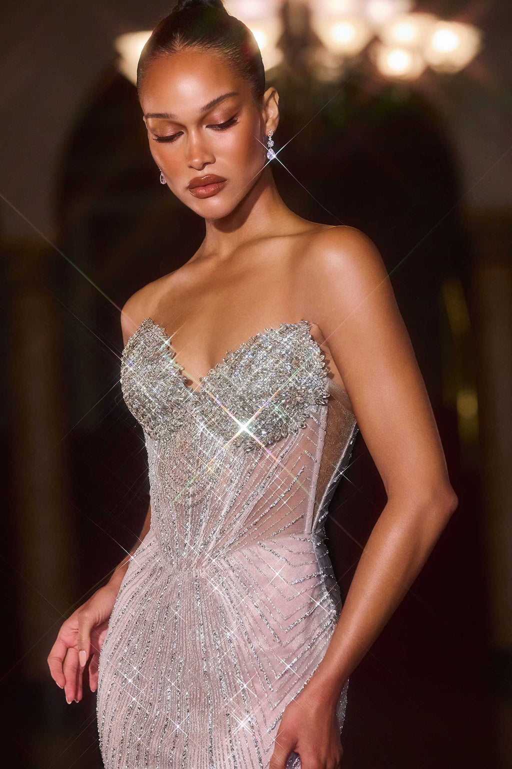Silver crystal-encrusted sheer corset gown with sweetheart neckline and fitted waist detailing