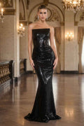 Strapless sequin fitted gown, black, fitted mermaid silhouette