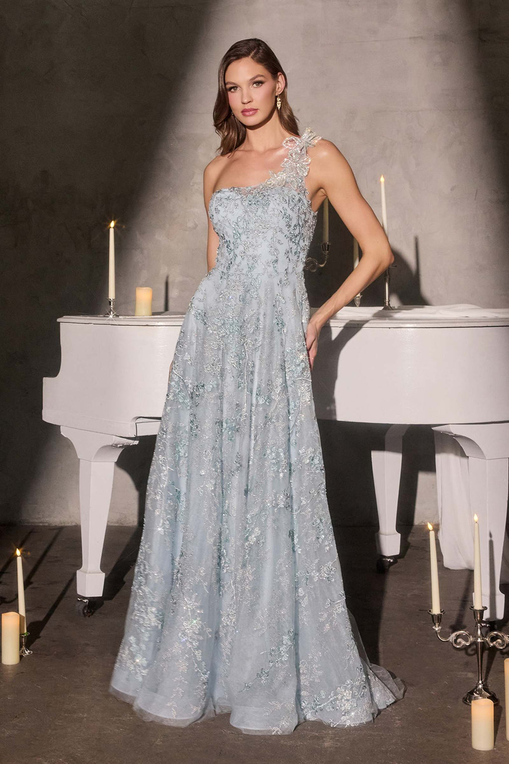Light blue one-shoulder lace A-line gown with floral appliques and beading